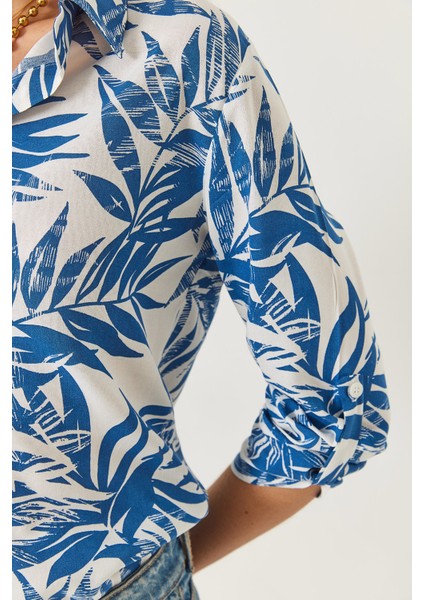 Kadın Kol Katlamalı Yaprak Desenli Viskon Gömlek modelleri