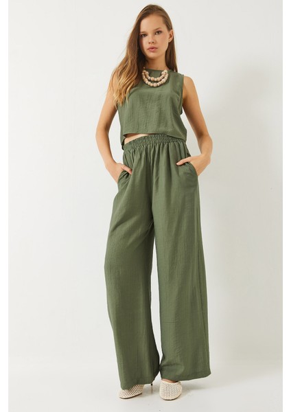 Kadın Bağlama Detaylı Yelekli Yüksek Bel Pantolonlu Yazlık Alt-Üst Takım