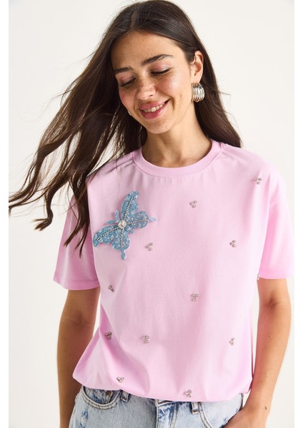 Kadın Kelebek Aksesuarlı Taş Işlemeli Kısa Kollu T-Shirt fiyatları