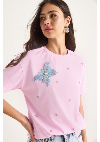 Kadın Kelebek Aksesuarlı Taş Işlemeli Kısa Kollu T-Shirt modelleri