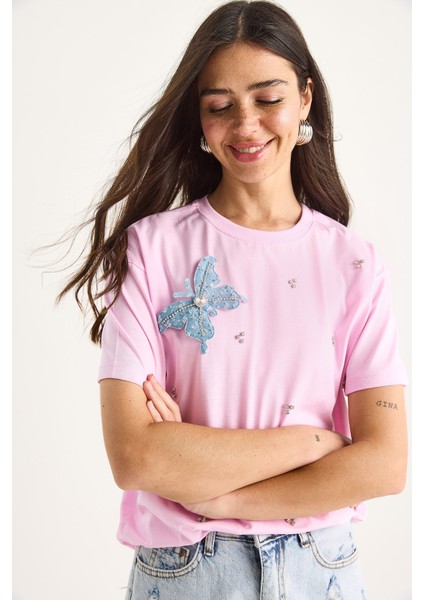 Kadın Kelebek Aksesuarlı Taş Işlemeli Kısa Kollu T-Shirt fırsatları