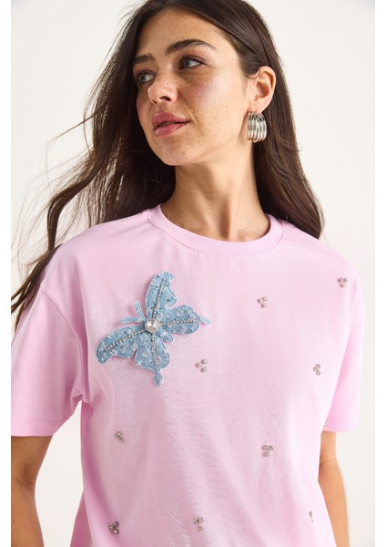 Kadın Kelebek Aksesuarlı Taş Işlemeli Kısa Kollu T-Shirt indirimleri