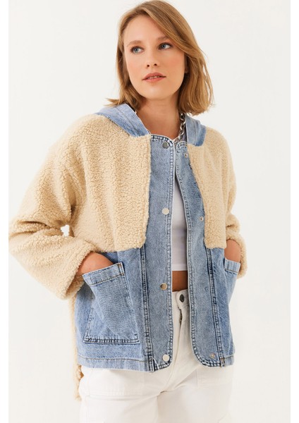 Kadın Kapüşonlu Denim Detaylı Peluş Ceket