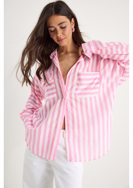 Kadın Kalın Çizgili Çift Cep Detaylı Oversize Basic Yazlık Gömlek -