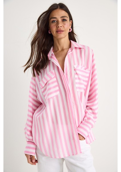 Kadın Kalın Çizgili Çift Cep Detaylı Oversize Basic Yazlık Gömlek - fiyatları