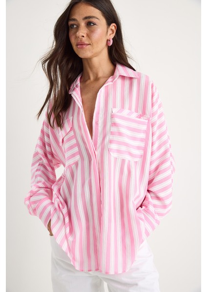 Kadın Kalın Çizgili Çift Cep Detaylı Oversize Basic Yazlık Gömlek - modelleri