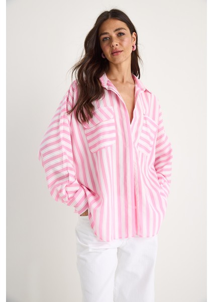 Kadın Kalın Çizgili Çift Cep Detaylı Oversize Basic Yazlık Gömlek - fırsatları