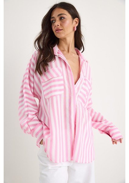 Kadın Kalın Çizgili Çift Cep Detaylı Oversize Basic Yazlık Gömlek - indirimleri