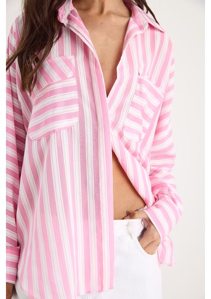 Kadın Kalın Çizgili Çift Cep Detaylı Oversize Basic Yazlık Gömlek -