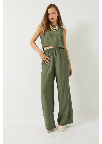 Kadın Bağlama Detaylı Yelekli Yüksek Bel Pantolonlu Yazlık Alt-Üst Takım modelleri