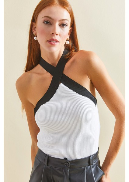 Kadın Çapraz Askılı Fitilli Triko Bluz