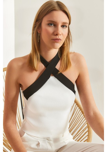 Kadın Çapraz Askılı Fitilli Triko Bluz fiyatları
