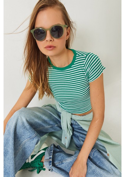 Kadın Çizgili Fitilli Kaşkorse Basic T-Shirt