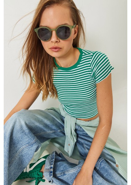 Kadın Çizgili Fitilli Kaşkorse Basic T-Shirt fiyatları