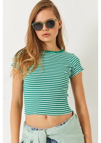 Kadın Çizgili Fitilli Kaşkorse Basic T-Shirt modelleri