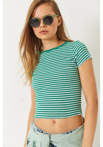 Kadın Çizgili Fitilli Kaşkorse Basic T-Shirt fırsatları