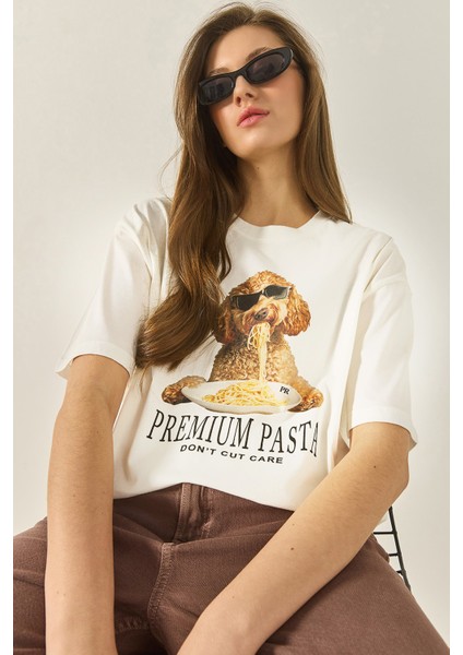 Kadın Premium Baskılı Bisiklet Yaka Oversize Pamuklu T-Shirt Öt