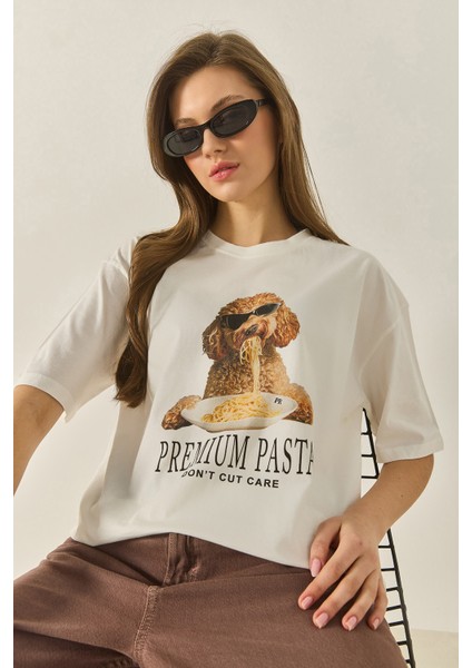 Kadın Premium Baskılı Bisiklet Yaka Oversize Pamuklu T-Shirt Öt fırsatları