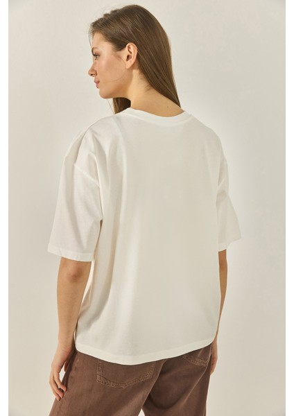 Kadın Premium Baskılı Bisiklet Yaka Oversize Pamuklu T-Shirt Öt