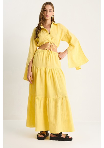 Kadın Bağlama Detaylı Yırtmaçlı Geniş Kol Bluz Astarlı Uzun Etek Takım Dt