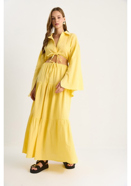 Kadın Bağlama Detaylı Yırtmaçlı Geniş Kol Bluz Astarlı Uzun Etek Takım Dt fiyatları