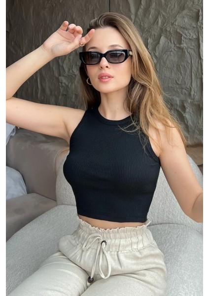 Kadın Halter Yaka Fitilli Kaşkorse Pamuk Crop Bluz