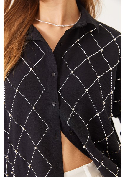 Kadın Taş ve Inci Detaylı Keten Ayrobin Şık Gömlek
