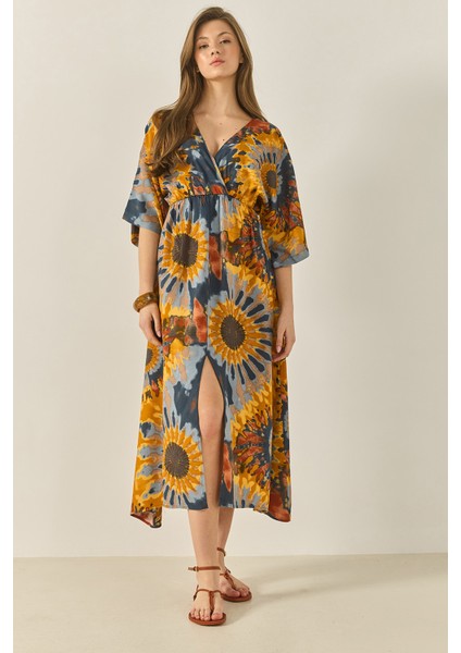 Kadın Desenli Beli Lastikli Anvelop Yaka Yazlık Viskon Elbise