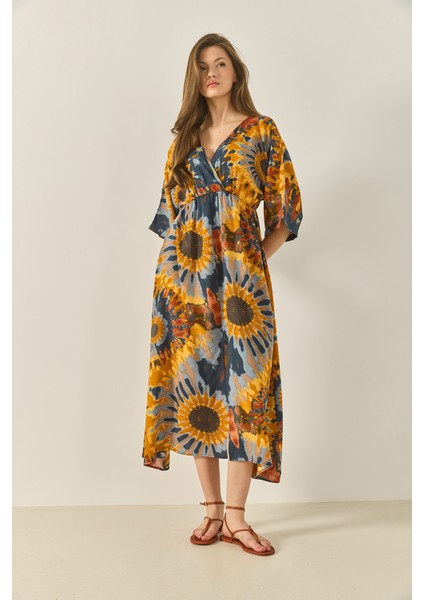 Kadın Desenli Beli Lastikli Anvelop Yaka Yazlık Viskon Elbise fiyatları