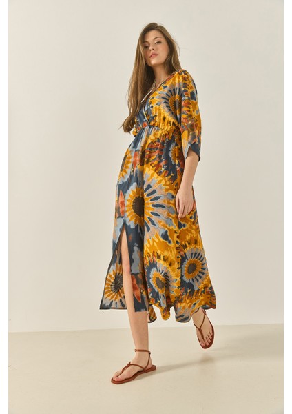 Kadın Desenli Beli Lastikli Anvelop Yaka Yazlık Viskon Elbise modelleri