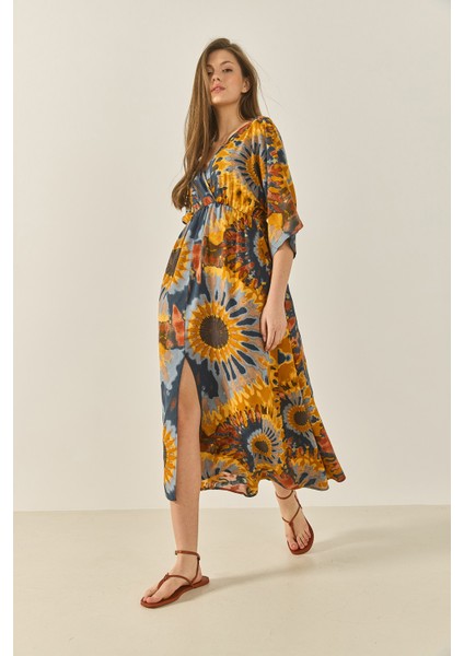 Kadın Desenli Beli Lastikli Anvelop Yaka Yazlık Viskon Elbise fırsatları