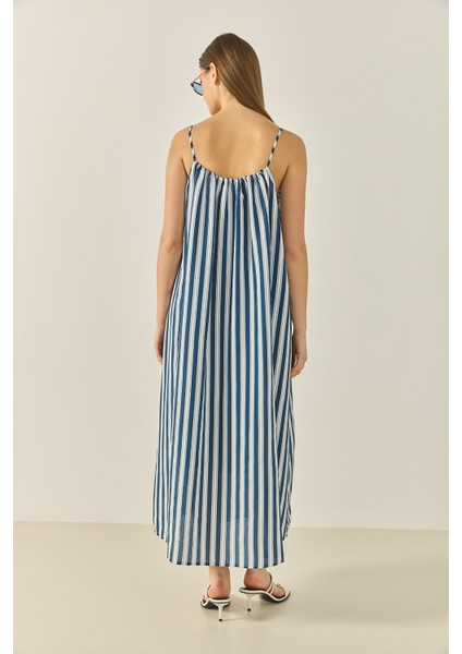 Kadın Büzgü Detaylı Ince Askılı Çizgili Astarlı Modal Salaş Elbise