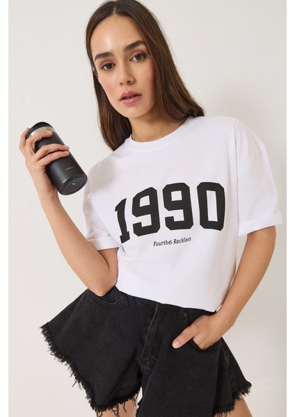 Kadın Baskılı Bisiklet Yaka Kısa Kollu Oversize Basic T-Shirt