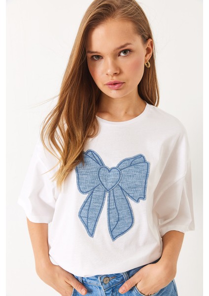 Kadın Denim Kurdele Detaylı Bisiklet Yaka Oversize T-Shirt