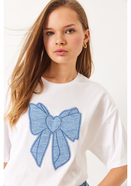 Kadın Denim Kurdele Detaylı Bisiklet Yaka Oversize T-Shirt modelleri