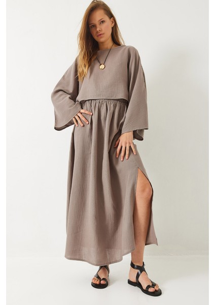 Kadın Yarasa Kol Croplu Beli Lastikli Yırtmaç Detay Etekli Müslin Takım