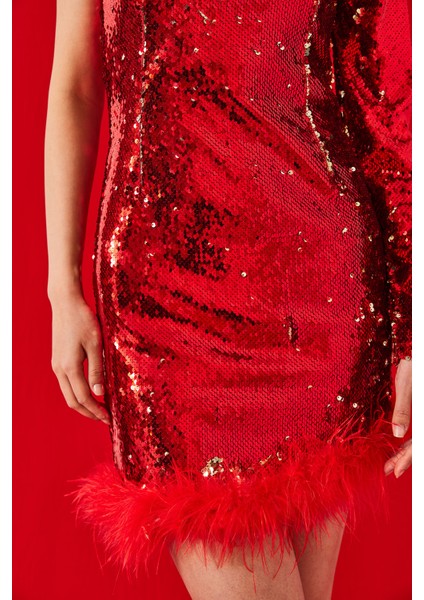 Kadın Pul Payetli Etek Ucu Tüy Detaylı Tek Omuz Astarlı Elbise fiyatları