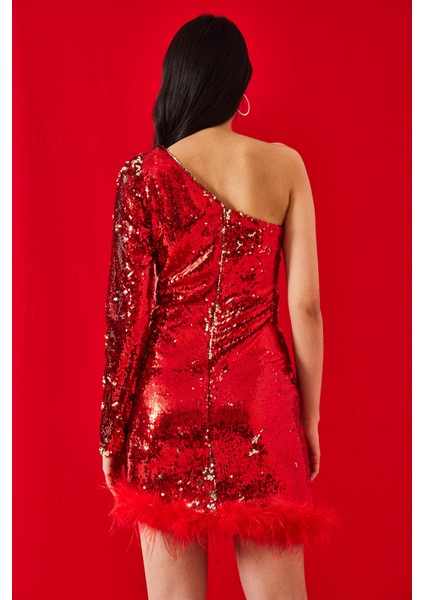 Kadın Pul Payetli Etek Ucu Tüy Detaylı Tek Omuz Astarlı Elbise modelleri