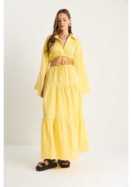 Kadın Bağlama Detaylı Yırtmaçlı Geniş Kol Bluz Astarlı Uzun Etek Takım Dt modelleri