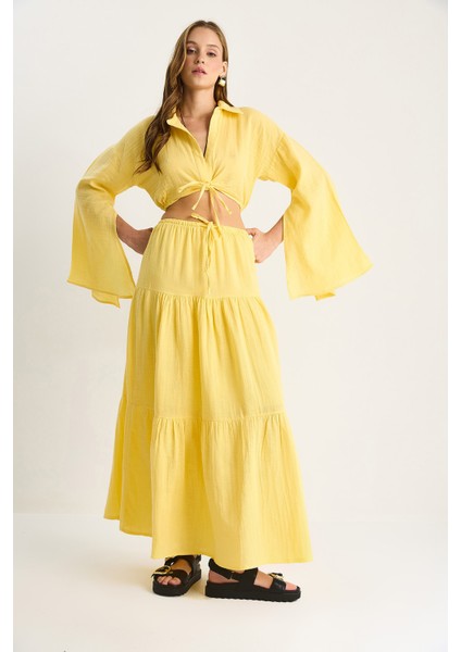 Kadın Bağlama Detaylı Yırtmaçlı Geniş Kol Bluz Astarlı Uzun Etek Takım Dt fırsatları