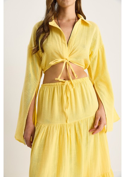 Kadın Bağlama Detaylı Yırtmaçlı Geniş Kol Bluz Astarlı Uzun Etek Takım Dt indirimleri