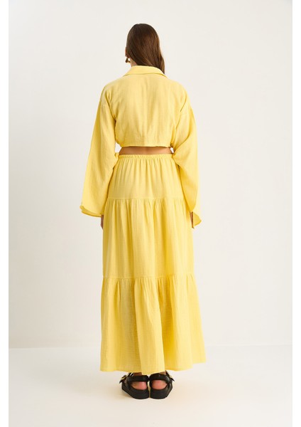 Kadın Bağlama Detaylı Yırtmaçlı Geniş Kol Bluz Astarlı Uzun Etek Takım Dt