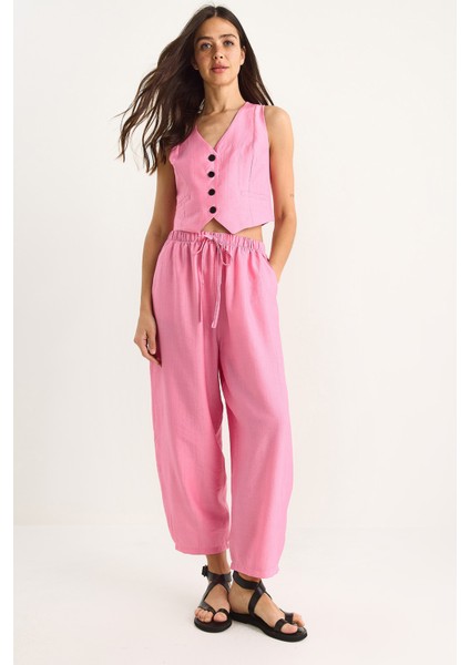 Kadın Cep Detaylı Rahat Pantolon Yelekli Alt-Üst Takım