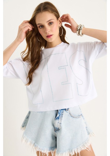 Bisiklet Yaka Taş Baskılı Basic Salaş T-Shirt