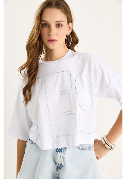 Bisiklet Yaka Taş Baskılı Basic Salaş T-Shirt fiyatları