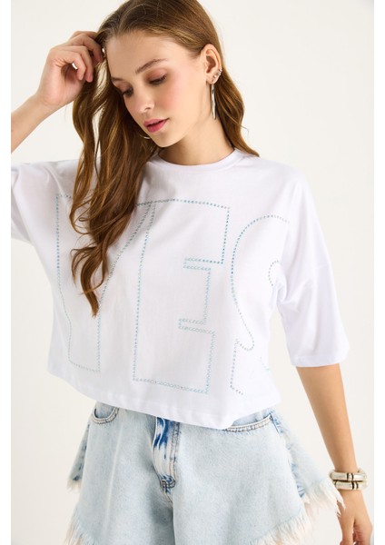 Bisiklet Yaka Taş Baskılı Basic Salaş T-Shirt modelleri