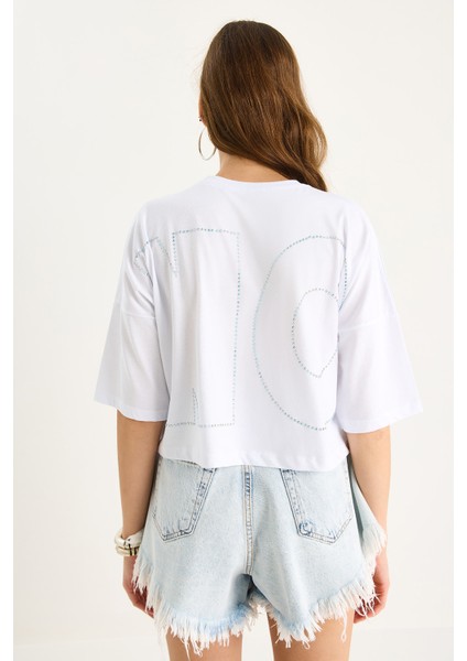 Bisiklet Yaka Taş Baskılı Basic Salaş T-Shirt fırsatları