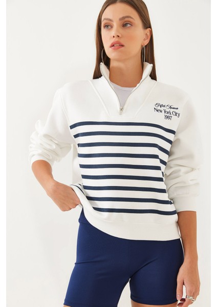 Kadın Yarım Fermuarlı Çizgili Sweatshirt