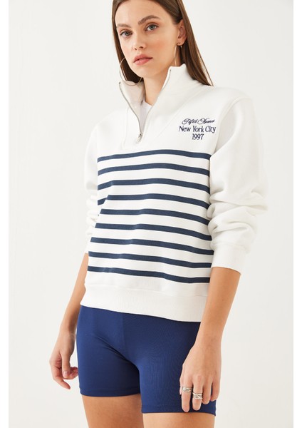 Kadın Yarım Fermuarlı Çizgili Sweatshirt fiyatları