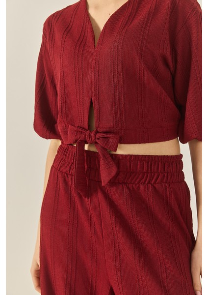 Kadın V Yaka Bağlamalı Bluz Bol Pantolonlu Dokulu Yazlık Alt-Üst Takım fiyatları